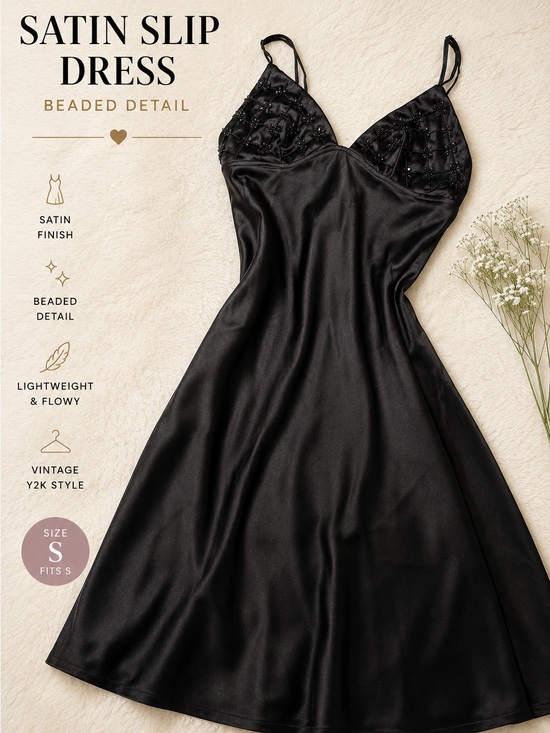 Dresses & Skirts - Black Satin Beaded Slip Dress | Midi Evening Dress | Size S
